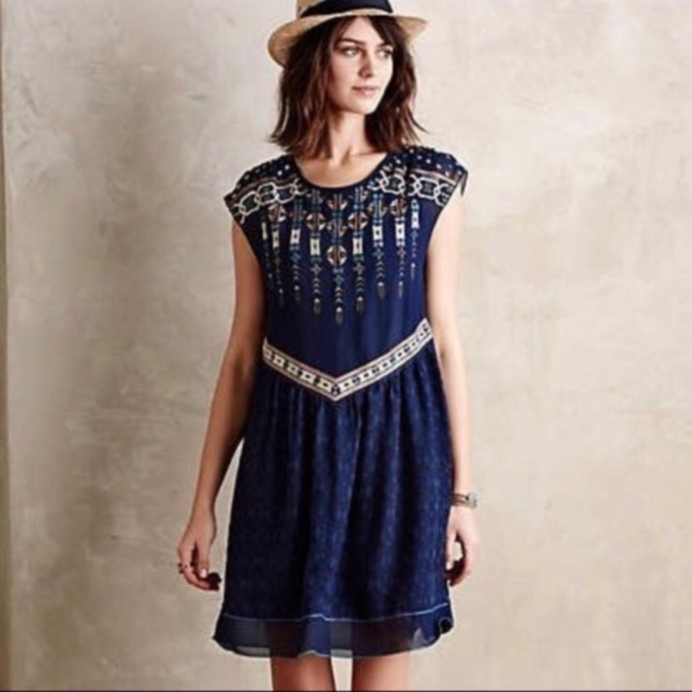 Anthropologie One September Womens Calliope Dress Size S Boho Embroidered Blue